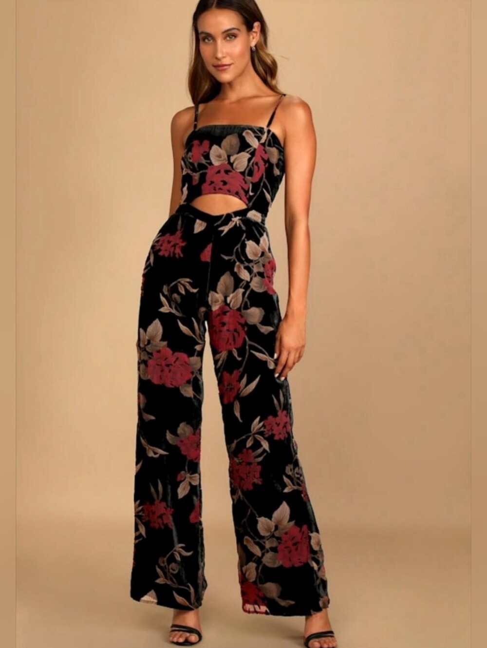 Lulu's Black Floral Velvet Jumpsuit NWT
